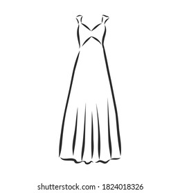 vestidos de mujeres. Ilustración vectorial dibujada a mano. Dibujo del contorno negro aislado en el fondo blanco vestido de mujer, ilustración del bosquejo vectorial