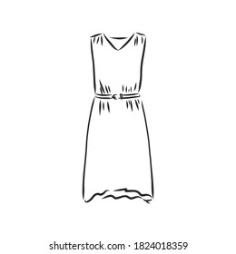 vestidos de mujeres. Ilustración vectorial dibujada a mano. Dibujo del contorno negro aislado en el fondo blanco vestido de mujer, ilustración del bosquejo vectorial