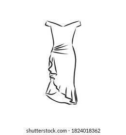 women's dresses. Hand drawn vector illustration. Black outline drawing isolated on white background women's dress, vector sketch illustration