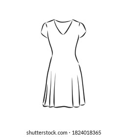women's dresses. Hand drawn vector illustration. Black outline drawing isolated on white background women's dress, vector sketch illustration