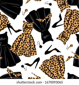 Women's dresses, shoes and earrings.  Black and leopard. Seamless vector pattern on a white background. Fashion illustration.