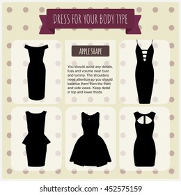 Women's Dresses. Vector Illustration With Info-graphics Elements. Body Types Pear, Apple,hour Glass,rectangle. How To Find The Dress For Your Body Shape And Choose The Right Dress.