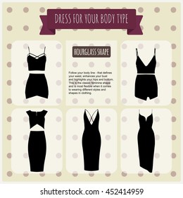 Women's Dresses.Vector Illustration With Info-graphics Elements. Body Types Pear, Apple,hour Glass,rectangle.How To Find The Dress For Your Body Shape And Choose The Right Dress.