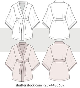 Women's dressing gown, bath robe, kimono flat sketch vector illustration technical cad drawing template, mockup.