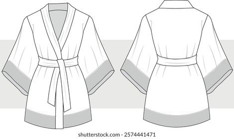 Women's dressing gown, bath robe, kimono flat sketch vector illustration technical cad drawing template, mockup.