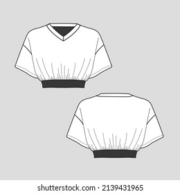 Womens Drop Shoulder crop top gathering detail tape hem V neck cropped top  t shirt blouse  fashion flat sketch technical drawing template design vector