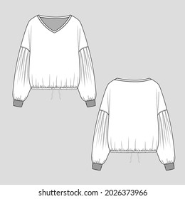 Womens Drop Shoulder Elastic Tunnel Drawstring Hem With Pleated Long Sleeve Cuffs Wide V Neck Loose Fit Sweatshirt Top Blouse Technical Drawing Design Vector