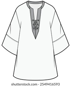 womens drop shoulder kimono sleeve plunge neck tunic caftan dress flat sketch vector illustration technical cad drawing template