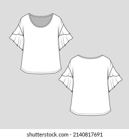 Las mujeres soltan esposas hombro cuello de la tripulación de la parte superior doble capa de manga de espiga de la manga de la camiseta blusa cad sketch plano plantilla técnica de dibujo vector