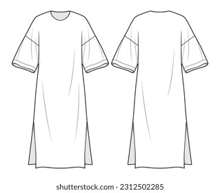 women's drop shoulder short sleeve oversize tee dress with side slit Front and Back View. Fashion Illustration, Vector, CAD, Technical Drawing, Flat Drawing, Template, Mockup.