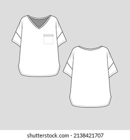 Womens Drop Shoulder Top V Neck Fashion Hem With Pocket T Shirt Top Blouse Flat Sketch Technical Drawing Design Template Vector