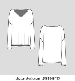 Womens Drop Shoulder v neck t shirt top blouse  fashion flat sketch technical drawing template design vector