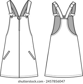 Women's Dungaree Dress. Technical fashion illustration. Front and back, white color. Women's CAD mock-up.