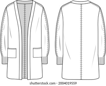 Women's Edge to Edge Cardigan. Cardigan technical fashion illustration. Flat apparel cardigan template front and back, white colour. Women's CAD mock-up.