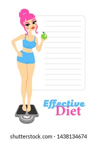 Women's effective diet. Healthy happy lady character with apple and scales. Body shape. Fitness. Body positive. Vector cute illustration. Banner, poster, web, advertising, postcard. 