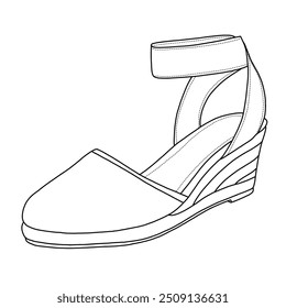 Women's Elastic Ankle Strap Wedge Sandals Line art,Technical sketch hand drawing outline vector doodle illustration isometric 3D view isolated on white background