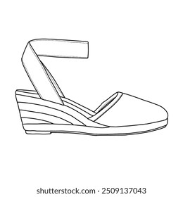 Women's Elastic Ankle Strap Wedge Sandals Line art,Technical sketch hand drawing outline vector doodle illustration side view isolated on white background