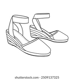 Women's Elastic Ankle Strap Wedge Sandals Line art,Technical sketch hand drawing outline vector doodle illustration pairs 3D View isolated on white background