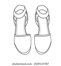 Women's Elastic Ankle Strap Wedge Sandals Line art,Technical sketch hand drawing outline vector doodle illustration top View isolated on white background