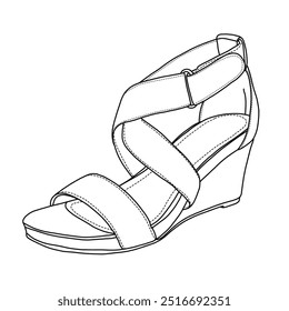 Women's Elastic Ankle Strap Wedge Sandals Line art,Technical sketch hand drawing outline vector doodle illustration 3D Isometric view isolated on white background