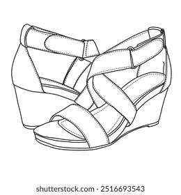 Women's Elastic Ankle Strap Wedge Sandals Line art,Technical sketch hand drawing outline vector doodle illustration 3D Isometric and rear view isolated on white background