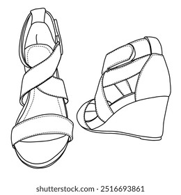 Women's Elastic Ankle Strap Wedge Sandals Line art,Technical sketch hand drawing outline vector doodle illustration front and rear view isolated on white background