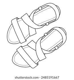 Women's Elastic Flat Sandals Line art, Technical sketch hand drawing outline vector doodle illustration various view, isolated on white background