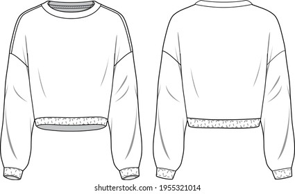 Women's Elastic Hem Crop Sweatshirt. Technical fashion sweatshirt illustration. Flat apparel sweat template front and back, white colour. Women's CAD mock-up.