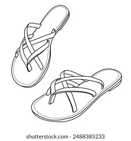 Women's Elastic Strap Flat Sandals Casual Summer Open Toe Sandal Line art, Technical sketch hand drawing outline vector doodle illustration isolated on white background