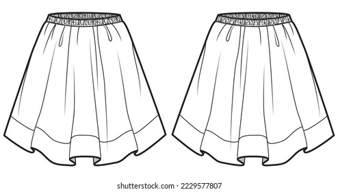 womens elastic waist short skirt flat sketch vector illustration technical cad drawing template