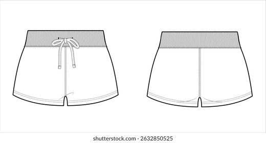 Women's Elastic Waist Shorts With Drawstring- Front and Back View- Flat Vector Illustration- CAD Mock-up