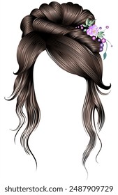 women's elegant curly hairs with flower decoration.brown brunette colors.
