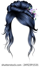 women's elegant curly hairs with flower decoration.black brunette colors.