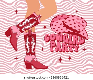 Women's elegant legs in cowboy boots. Pink Western Cowgirl style boots, cowboy hat and text on a retro background. Illustration. Vector