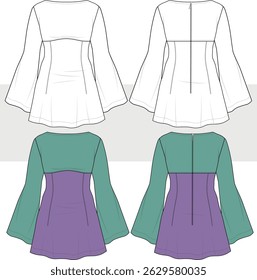 Women's elegant mini party dress, bell sleeve fashion design, flat sketch  illustration, vector. front and back view, Cad, Mockup.