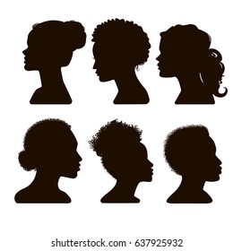 Women's elegant silhouettes with different hairstyles. Silhouettes of African American. Beautiful female face in profile. Vector Illustration