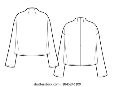 Women's elegant top fashion flat sketch, blouse, stand collar, apparel template