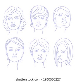 Women's elegant vector silhouettes with different hairstyles. Beautiful portraits of female faces