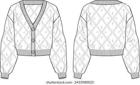 Women's Embroideried Pointelle Cardigan. Technical fashion illustration. Front and back, white color. Women's CAD mock-up.