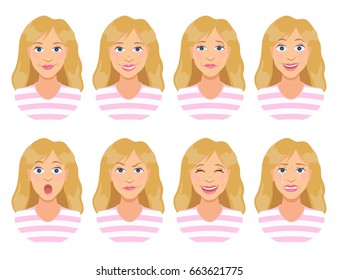 Women's emotions. Female face expression. Calm, smile, sadness, joy, surprise, anger, laughter, crying. Cute cartoon girl. Woman avatar. Vector illustration