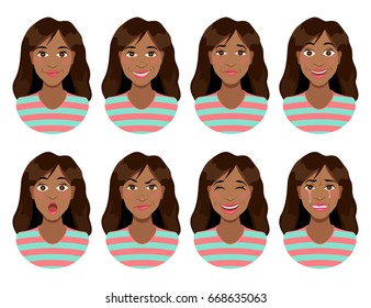 Women's emotions. Female face expression. Calm, smile, sadness, joy, surprise, anger, laughter, crying. Cute cartoon girl. Woman avatar. Vector illustration