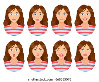Women's Emotions. Female Face Expression. Calm, Smile, Sadness, Joy, Surprise, Anger, Laughter, Crying. Cute Cartoon Girl. Woman Avatar. Vector Illustration