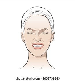 Women's emotions, negative feelings. Portrait of annoyed, enraged, dissatisfied, scared, furious. screaming out face clenching teeth. Facial expression anger, fury, wrath concept. Vector illustration.