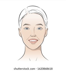 Women's emotions, positive feelings. Facial happy, smiling, laughing, cheerful human expression. Girl portrait Avatar. Front view. Vector line realistic illustration