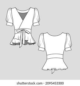Womens Empire Waist Bow Layered Ruffles Dip Hem V Neck Puff Sleeve with cuff Top T shirt Blouse Fashion flat sketch  technical drawing Template vector  design template