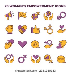 Women's empowerment icons set. A comprehensive collection capturing feminist symbols, unity, and strength. Celebrating gender equality. Advocacy and rights visuals. Flat vector illustration.