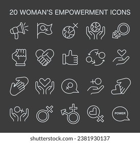 Women's empowerment icons set. A comprehensive collection capturing feminist symbols, unity, and strength. Celebrating gender equality. Advocacy and rights visuals. Flat vector illustration.