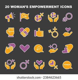 Women's empowerment icons set. A comprehensive collection capturing feminist symbols, unity, and strength. Celebrating gender equality. Advocacy and rights visuals. Flat vector illustration.