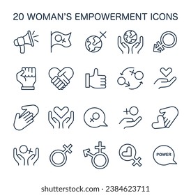 Women's empowerment icons set. A comprehensive collection capturing feminist symbols, unity, and strength. Celebrating gender equality. Advocacy and rights visuals. Flat vector illustration.