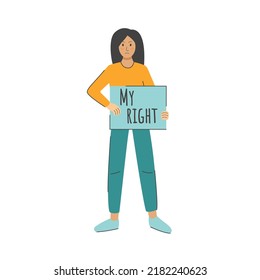 Womens empowerment vector illustration. Women's protest against abortion ban and abortion law. Break bias concept. Protection womens rights, girl with poster in her hands